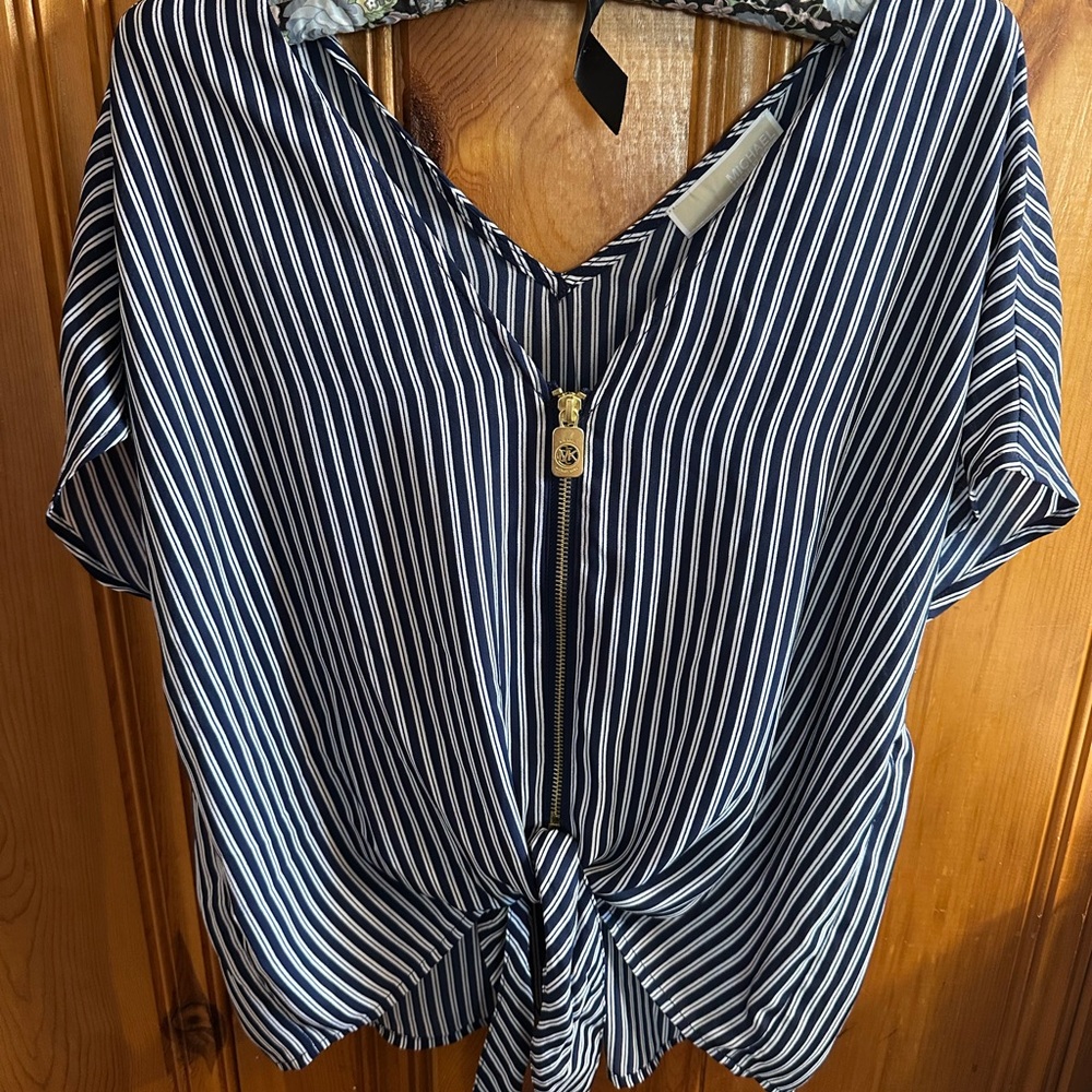 Michael Kors Navy and White Striped Zip-Front Tie Hem Blouse